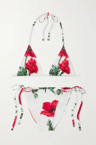 Dolce & Gabbana - Floral-print Triangle Halterneck Bikini - Red