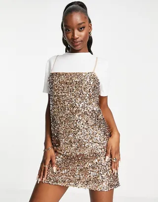 ASOS DESIGN 2 in 1 mini cami dress with low back in rose gold sequin