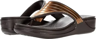 Crocs Monterey Metallic Strap Wedge Flip (Espresso) Women's Shoes