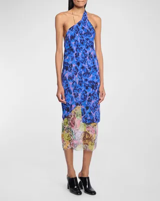 Drill One-Shoulder Layered Floral-Print Midi Dress