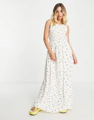 Pieces shirred sleeveless maxi dress in white ditsy floral