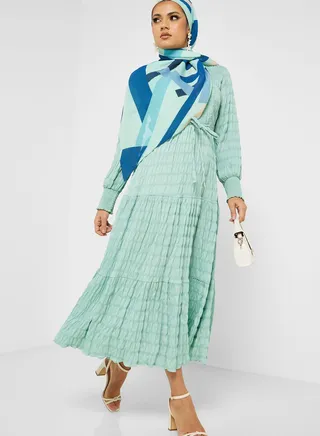 Self Textured Belted Dress