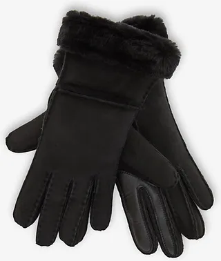 Ugg Womens Black Tech Logo-embroidered Leather and hearling Gloves