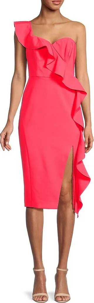 Crepe One Shoulder Ruffle Sheath Dress