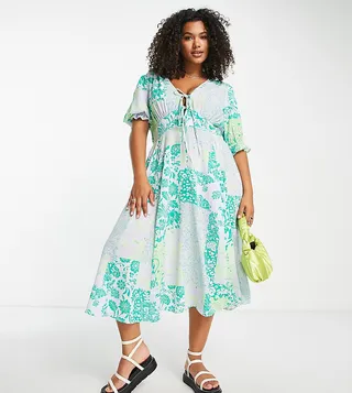 ASOS DESIGN Curve tie front midi tea dress with flare in green and lilac mixed floral print