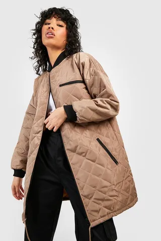 Diamond Quilted Longline Bomber Jacket