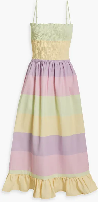 Shirred striped twill midi dress
