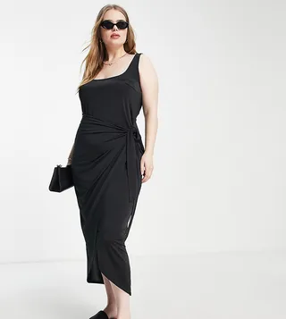 ASOS DESIGN Curve sleeveless square neck sarong skirt midi dress in black