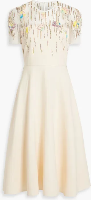 Embellished tulle-paneled wool and silk-blend crepe midi dress