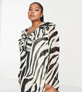 ASOS DESIGN Curve frilly tie up detail shift mini dress in zebra print