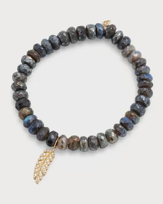 8mm Mystic Labradorite Faceted Rondelle Bracelet with Diamond Feather Charm