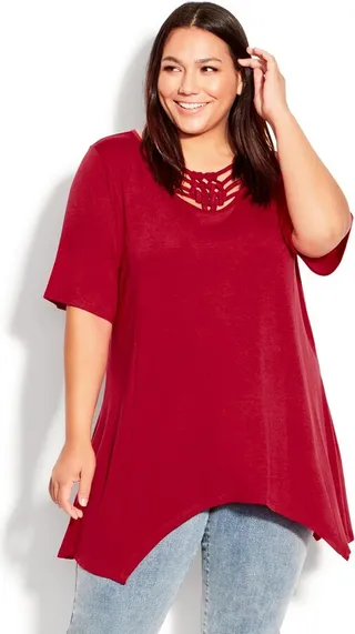 AVENUE | Women's Plus Size Knotted Cage Tunic - red - 30W