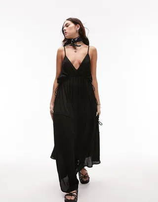 Topshop ruched tie side maxi beach dress in black