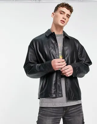 ASOS DESIGN oversized real leather shacket in black