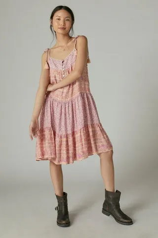 Mixed Print Tie Sleeve Tiered Dress