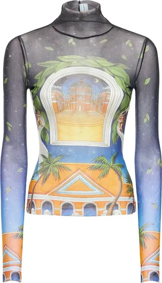 Printed mesh logo turtleneck top