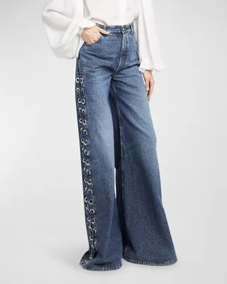 Wide-Leg Denim Trousers with Lace-Up Detail