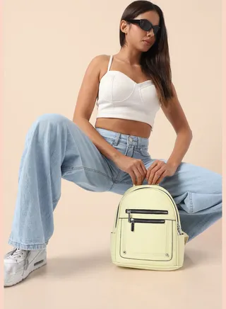 Solid Zip Lock Regular Faux Leather Backpack For Women