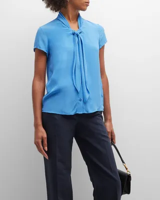 Button-Down Tie-Front Crepe Blouse