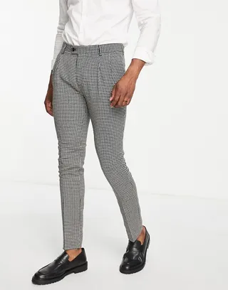 Gianni Feraud skinny fit suit pants in herringbone black and white