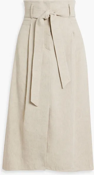 Pleated belted cotton and linen-blend midi skirt