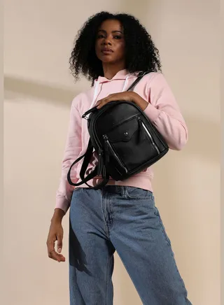 Solid Zip Lock Regular Vegan Leather Backpack For Women
