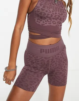 Puma Training formknit seamless 5 inch shorts in mauve leopard print