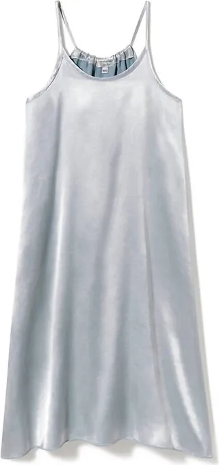 Ruby Satin Knee Length Gown With Spaghetti Straps & Gathered Back in Morning Blue