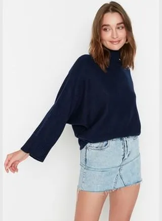 Navy Blue Soft Textured Wide Fit Knitwear Sweater TWOAW20KZ1059
