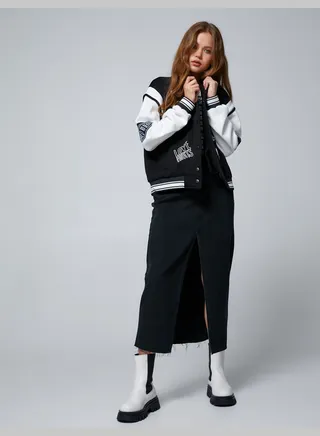 Pocket Detail Ribbed Printed Embroidered Varsity Jacket