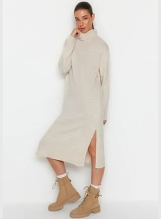Stones Wide Fit Midi Knitwear Turtleneck Dress TWOAW24EL00034