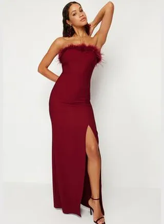 Burgundy Fitted Weave O-Neck Evening Evening Dress