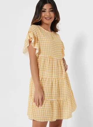 Checked Ruffle Detail Tiered Dress