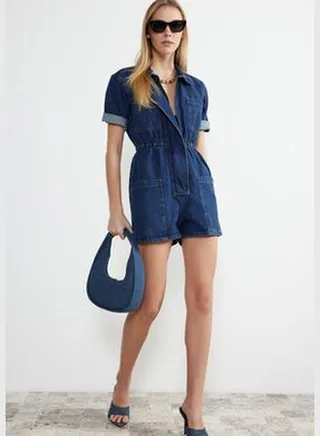 Dark Blue Elastic Waist Denim Shorts Jumpsuit