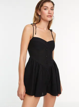 Tie Shoulder Button Detail Jumpsuit