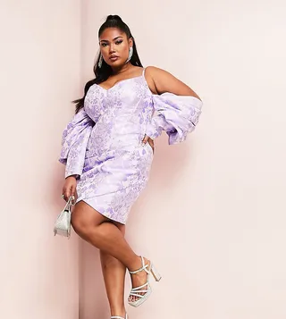 ASOS LUXE Curve bardot sleeve mini dress in purple jacquard