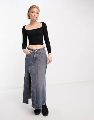 Stradivarius STR square neck ribbed top in black