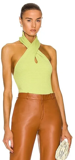 Enza Costa Puckered Knit Twist Halter Top in Green