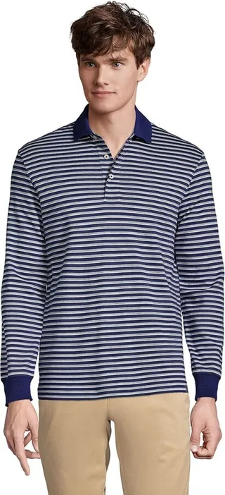 Lands' End Men's Long Sleeve Jacquard Super Soft Supima Polo Shirt - Medium - Deep Sea Navy Founders Stripe
