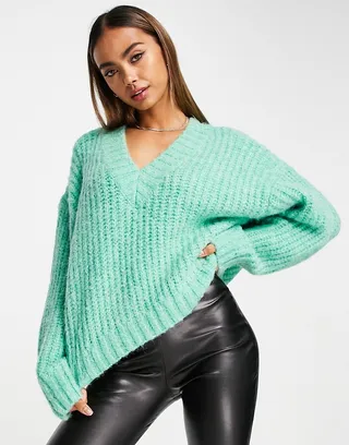 ASOS DESIGN premium chunky V neck oversized sweater in fluffy yarn in green