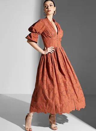 Puff Sleeve Embroidered Dress