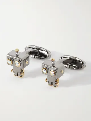 Robot Gunmetal- and Gold-Tone Crystal Cufflinks