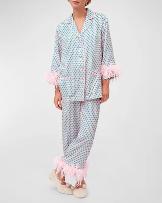Check-Print Feather-Trim Party Pajama Set
