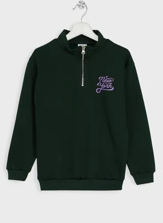 Girls Text Printed Half Zip Sweatshirt