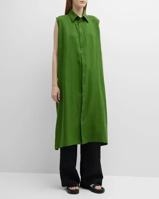 Slim A-Line Sleeveless Shirtdress with Collar and Side Slit Detail