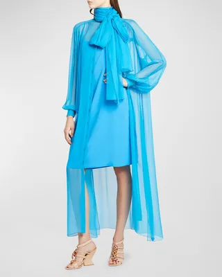 Neck-Tie Silk Chiffon Midi Shirtdress