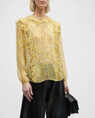 Ruffle-Trim Floral-Print Silk Blouse