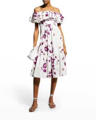Butterfly Floral-Print Ruffle Off-The-Shoulder Midi Dress