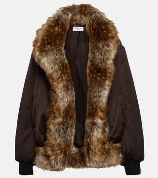Faux fur-trimmed satin bomber jacket