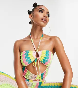 ASYOU ruched halter neck cut out stripe crochet cami top in multi - part of a set